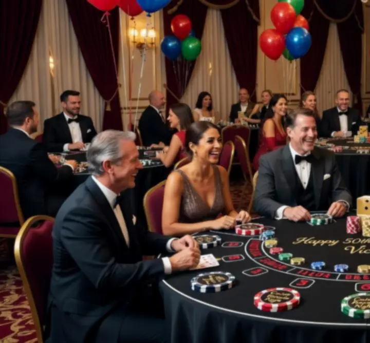 Urodzinowe przyjęcie z motywem kasynowym, balonami i stołem do gry