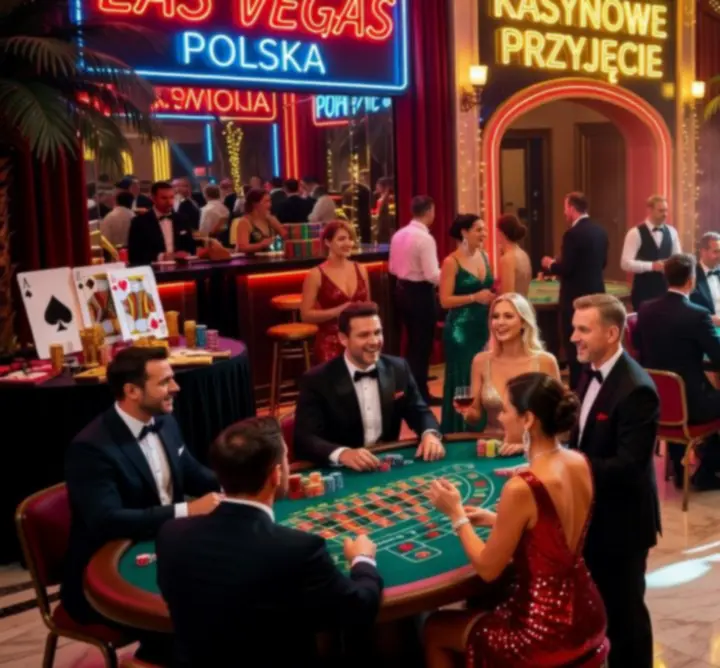 Kolorowe światła i stoły kasynowe w stylu Las Vegas podczas eventu