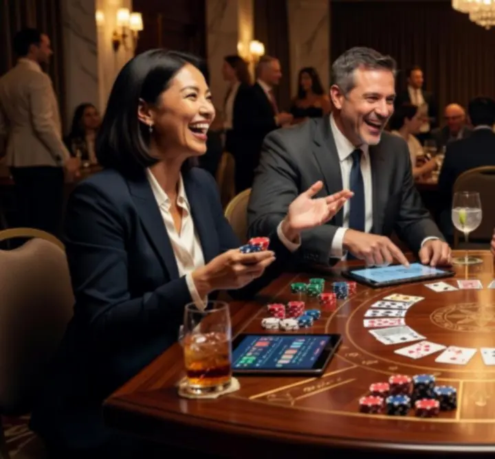 Goście integrujący się przy mobilnym stole casino podczas eventu firmowego