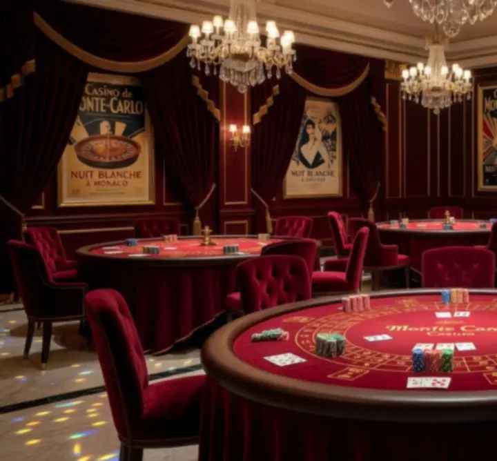 Dekoracje w stylu Monte Carlo z eleganckimi stołami casino i złotymi akcentami